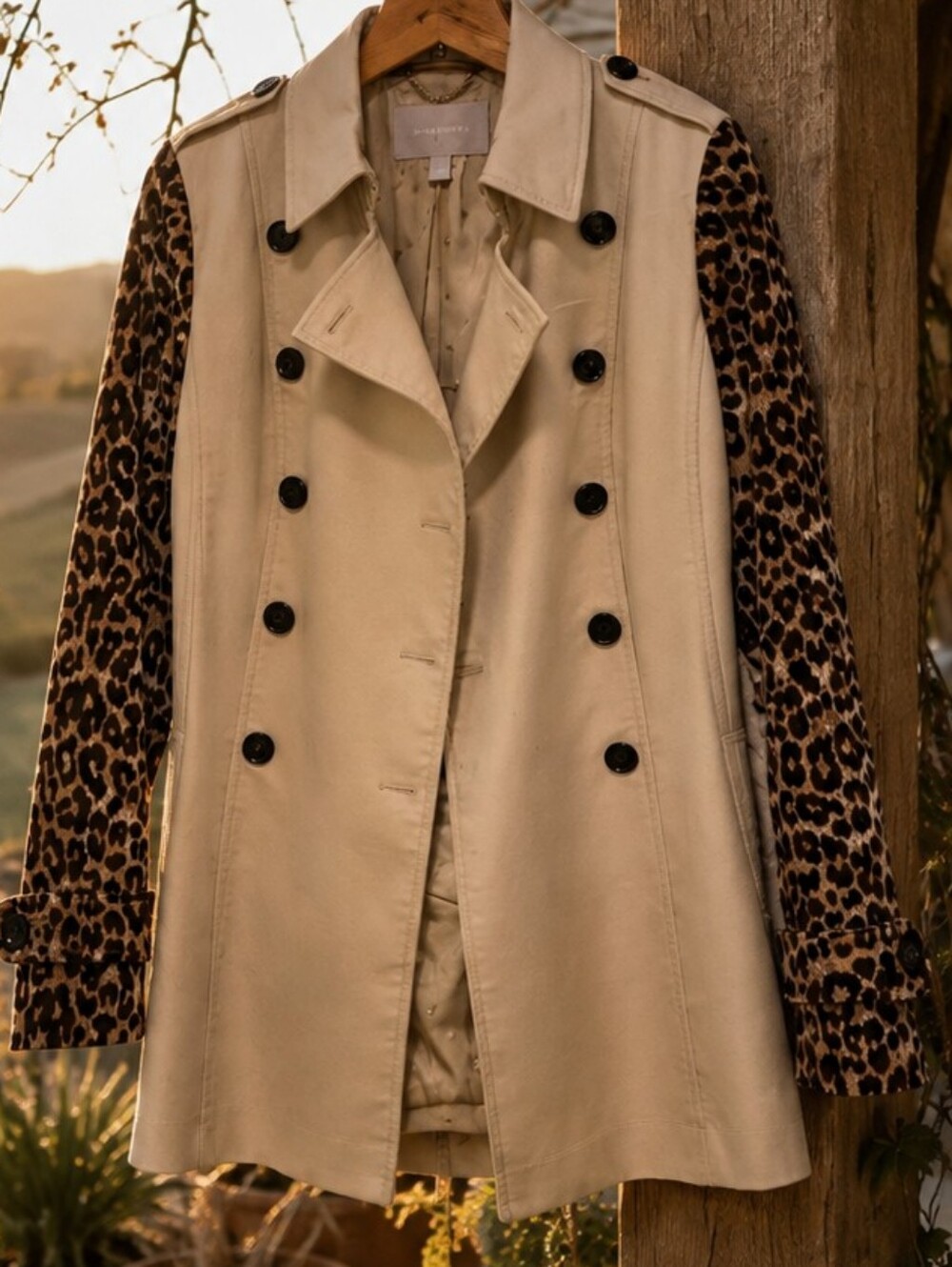Banana Republic Beige Trench Coat with Leopard-Print Sleeves & Trench Belt Sz Sm